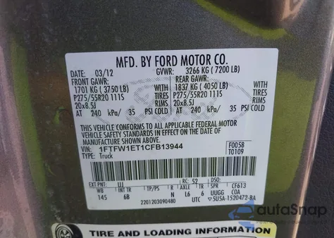 2012 Ford F-150 Fx4 from USA, damaged, VIN 1FTFW1ET1CFB13944